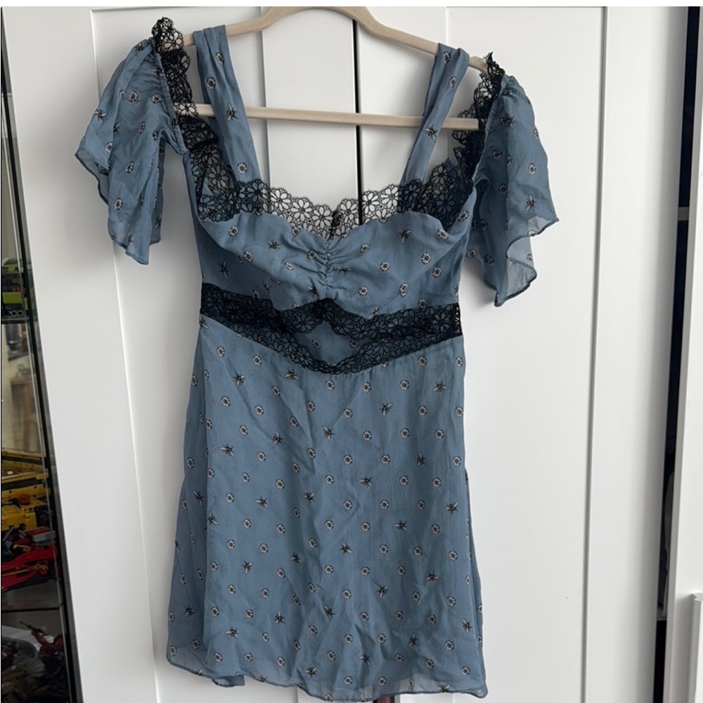 Morgan lane silk romper jumper blue bee floral lace trim lingerie sleepwear S
